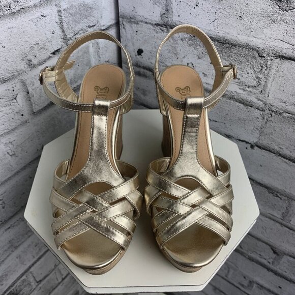 Brash Y2K Strappy Metallic Gold Cork Platform Wedge Open Toe Sandals - Picture 2 of 11